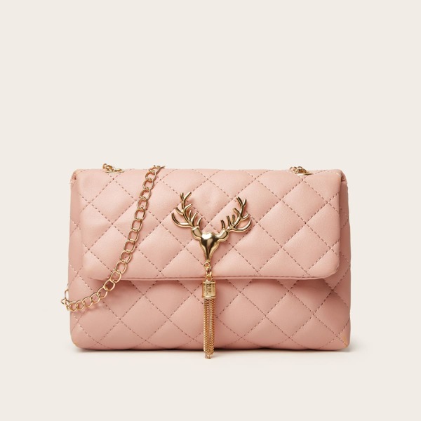 

Metal&Fringe Decor Quilted Chain Crossbody Bag, Pink