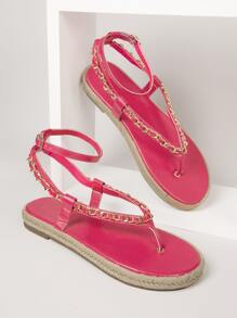 Faux Leather Chain Detailing Espadrille Sandals - Pink - View 2