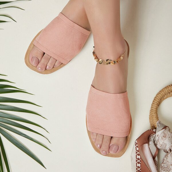 

Faux Suede Square Toe Slipper Sandals, Baby pink