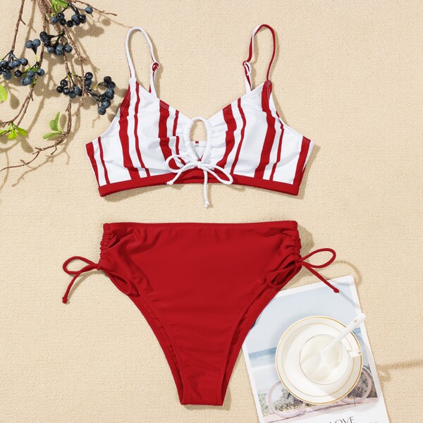 

Striped Drawstring Cut Out Bikini Swimsuit, Red and white