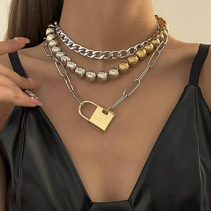 

3pcs Lock & Chain Layered Necklace, Multicolor