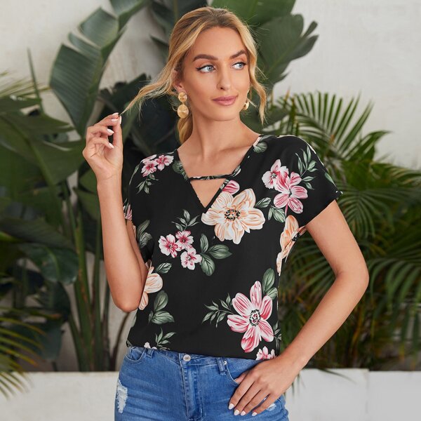 

V-neck Batwing Sleeve Floral Print Top, Black