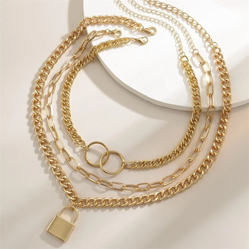 

3pcs Lock & Chain Charm Layered Necklace, Gold