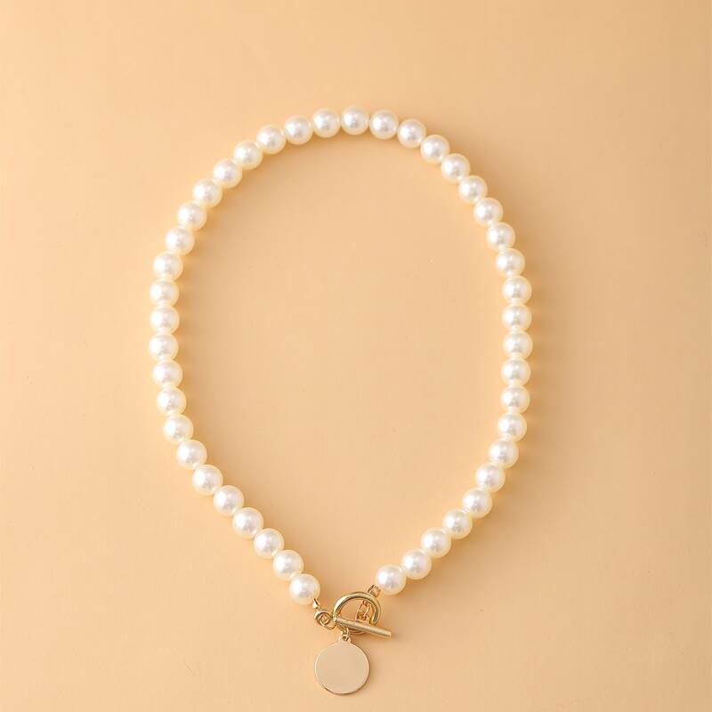 

Faux Pearl Coin Pendant Necklace, White
