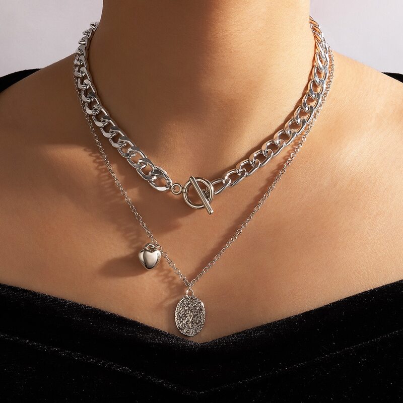 

Heart Pendant Layered Necklace, Silver