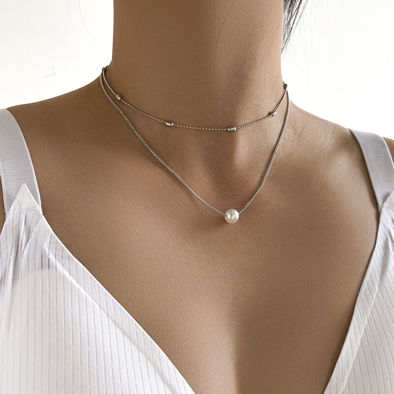 

Faux Pearl Decor Necklace, Silver