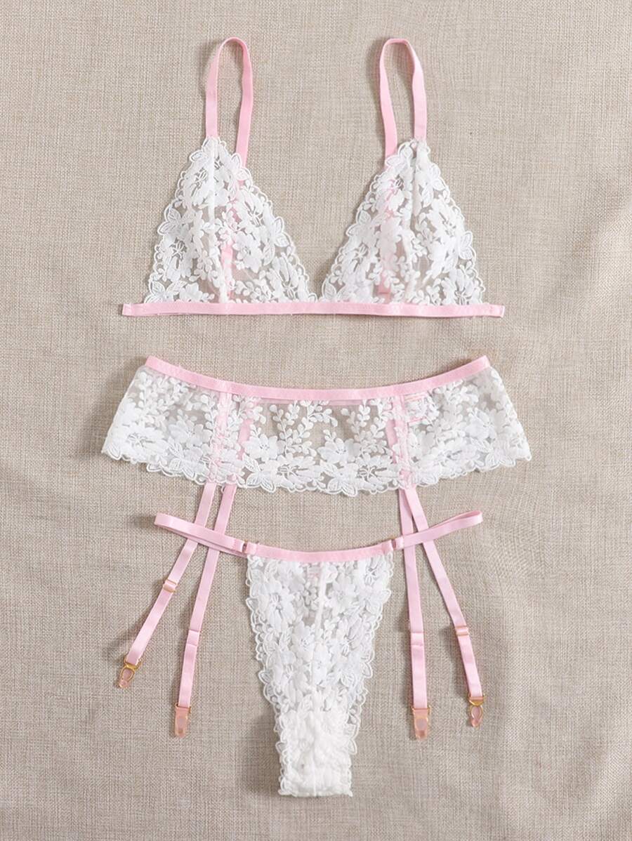 3pack Floral Embroidered Mesh Garter Lingerie Set - Multicolor - View 1