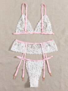 3pack Floral Embroidered Mesh Garter Lingerie Set - Multicolor - View 2