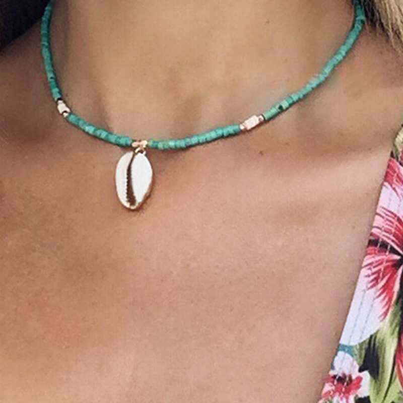 

Shell Beaded Necklace, Teal blue