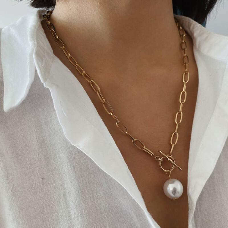 

Faux Pearl Chain Pendant Necklace, Gold