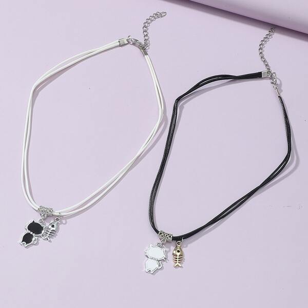 

2pcs Cat & Fish Charm Necklace, Black and white