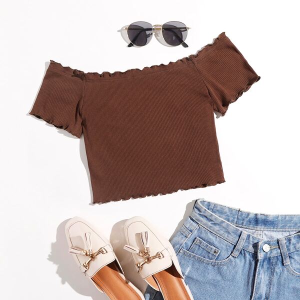 

Off Shoulder Lettuce Trim Top, Chocolate brown