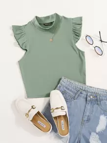 SHEIN Essnce Solid Rib Knit Ruffle Trimed Top - Mint Green - View 1