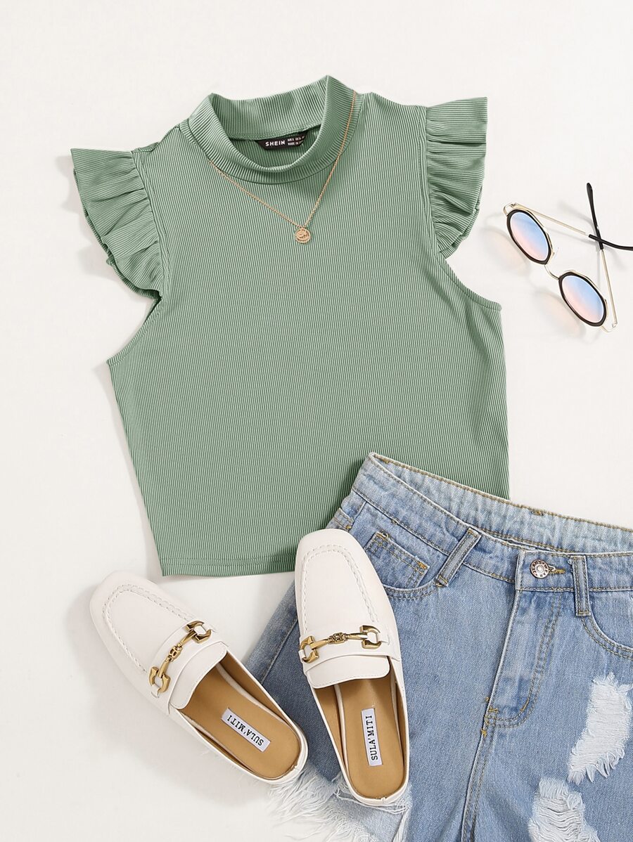 SHEIN Essnce Solid Rib Knit Ruffle Trimed Top - Mint Green - View 1