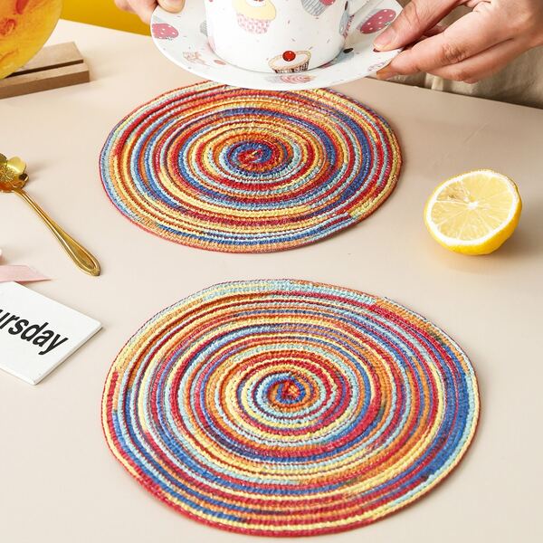 

1pc Round Woven Design Coaster, Multicolor