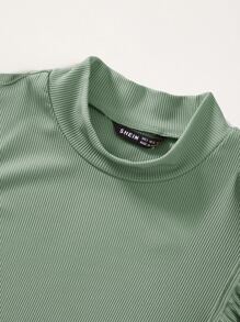 SHEIN Essnce Solid Rib Knit Ruffle Trimed Top - Mint Green - View 3