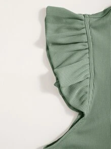 SHEIN Essnce Solid Rib Knit Ruffle Trimed Top - Mint Green - View 4