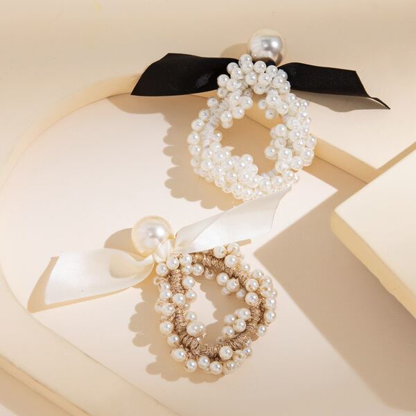 

2pcs Faux Pearl Decor Hair Tie, Multicolor