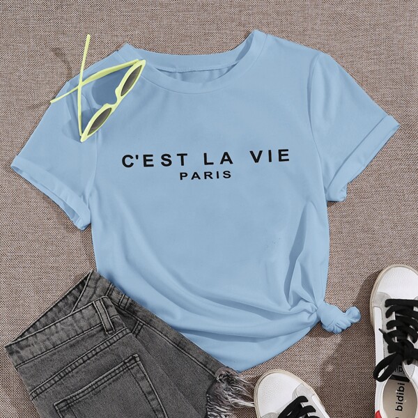 

Slogan Graphic Short Sleeve Tee, Baby blue