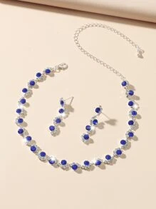 1入組水鑽裝飾項鍊和1對耳墜 - 藍色 - 查看 3