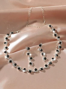 1 pieza collar con diamante de imitación con 1 par pendientes - Blanco y Negro - Ver 3