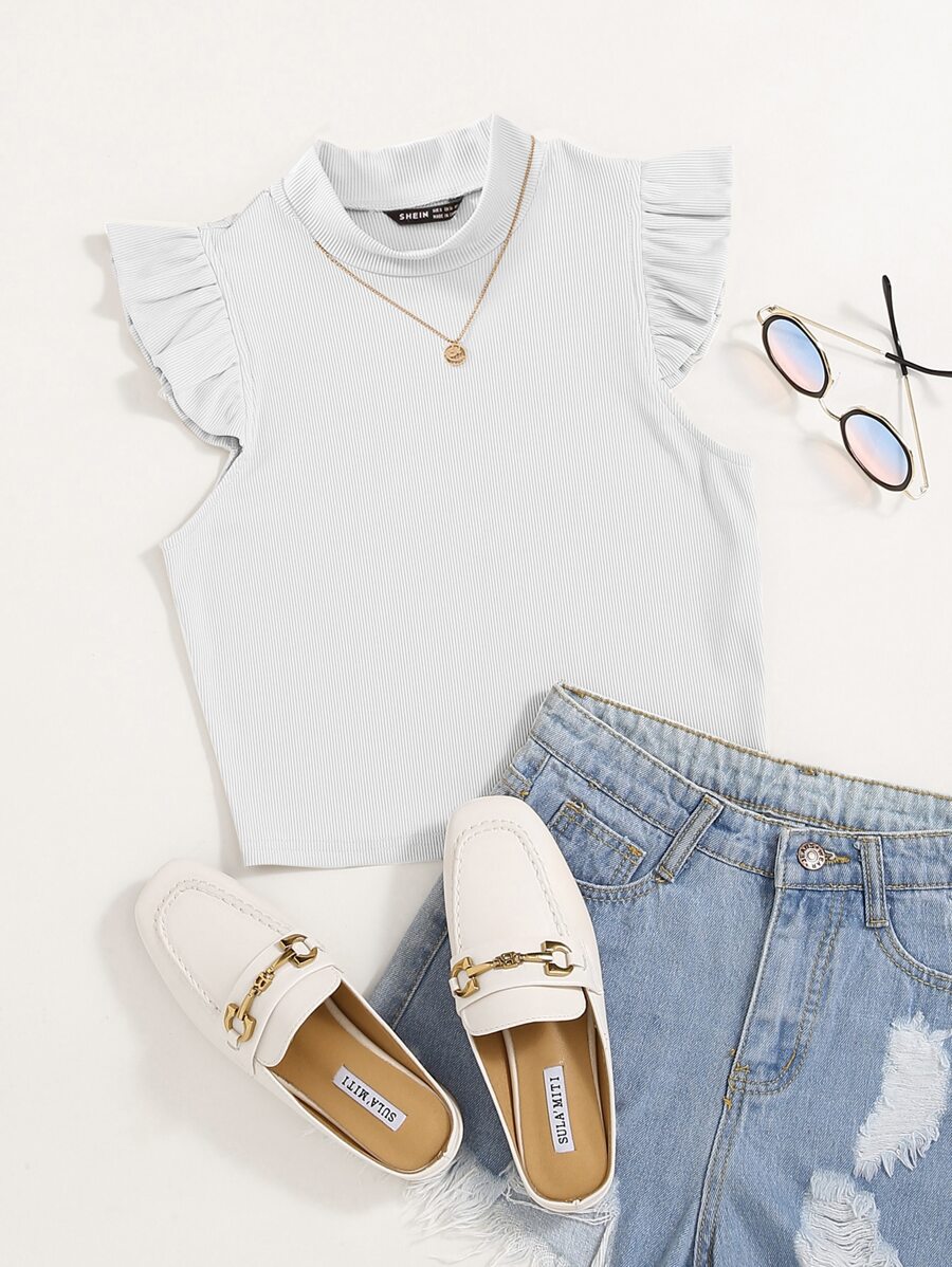 SHEIN Essnce Solid Rib Knit Ruffle Trimed Top - White - View 1