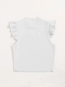 SHEIN Essnce Solid Rib Knit Ruffle Trimed Top - White - View 2