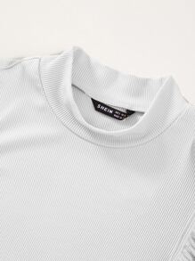 SHEIN Essnce Solid Rib Knit Ruffle Trimed Top - White - View 3