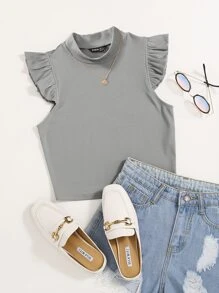 SHEIN Essnce Solid Rib Knit Ruffle Trimed Top - Grey - View 1