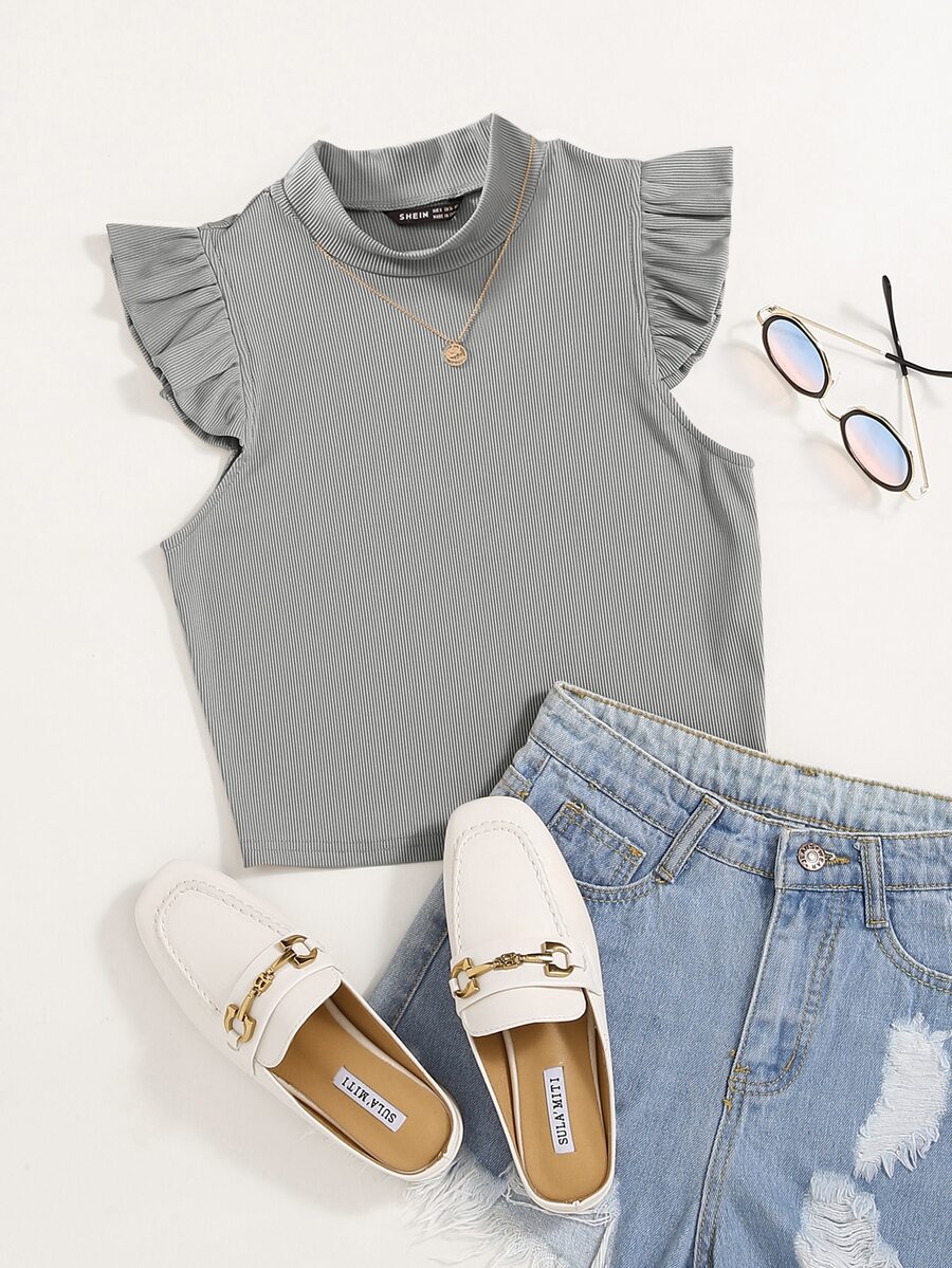 SHEIN Essnce Solid Rib Knit Ruffle Trimed Top - Grey - View 1