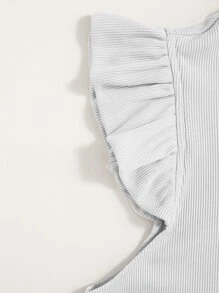 SHEIN Essnce Solid Rib Knit Ruffle Trimed Top - White - View 4