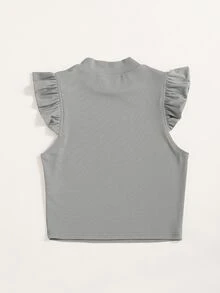 SHEIN Essnce Solid Rib Knit Ruffle Trimed Top - Grey - View 2