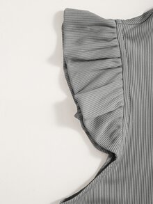 SHEIN Essnce Solid Rib Knit Ruffle Trimed Top - Grey - View 4