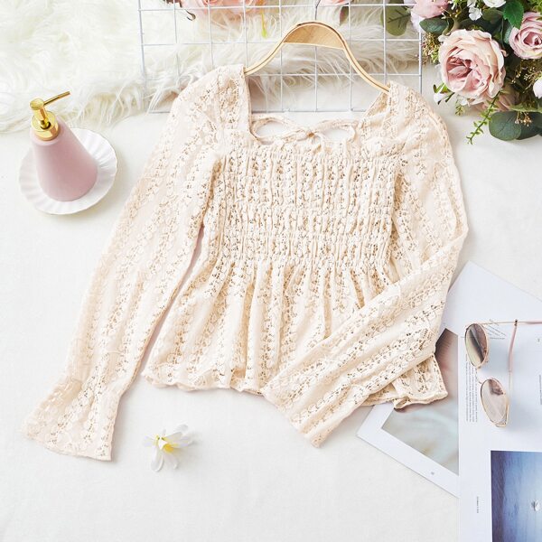 

Lace Tie Back Shirred Peplum Blouse, Apricot