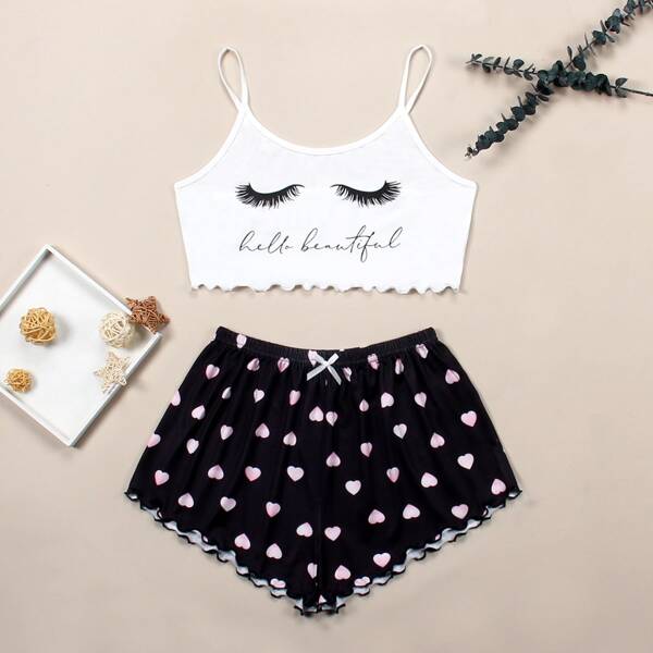 

Plus Letter And Heart Print Lettuce Trim Cami PJ Set, Black and white