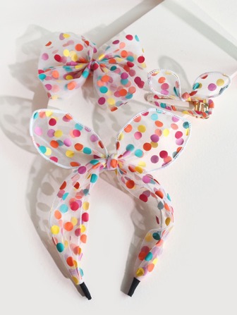 3pcs/Set Girls' Polka Dot Mesh Bow Hair Accessories Kit With Black Polka Dot Hair Clip, White Necktie Headband
