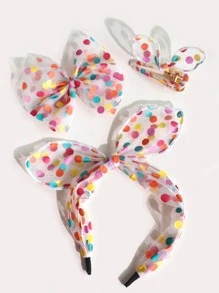 3入組女孩波點網紗蝴蝶結髮飾套裝,包括黑色波點髮夾、白色領帶發帶 - 彩色 - 查看 2