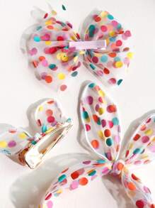 3入組女孩波點網紗蝴蝶結髮飾套裝,包括黑色波點髮夾、白色領帶發帶 - 彩色 - 查看 3