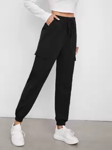 SHEIN Ficka Slätt Enkel Byxor - Svart - Visa 1