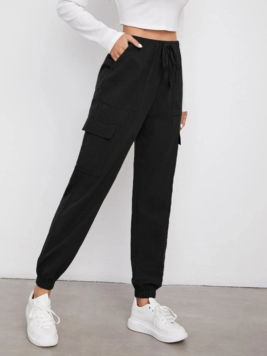 SHEIN Ficka Slätt Enkel Byxor - Svart - Visa 1