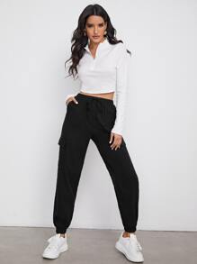 SHEIN Ficka Slätt Enkel Byxor - Svart - Visa 3