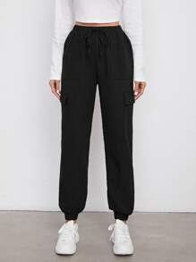 SHEIN Ficka Slätt Enkel Byxor - Svart - Visa 4