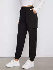 SHEIN Ficka Slätt Enkel Byxor - Svart - Visa 5