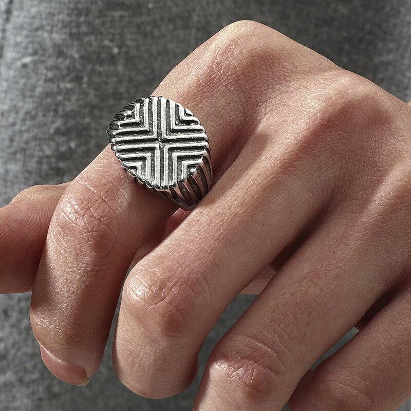 

Guys Geometric Textured Ring, Antique silver