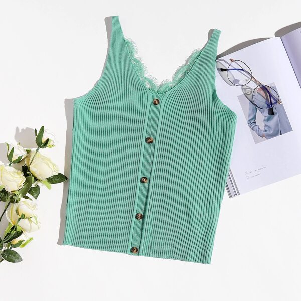 

Contrast Lace Button Front Knit Top, Teal blue