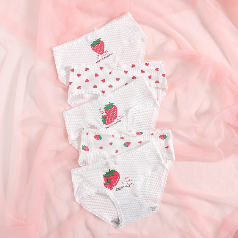 

5pack Strawberry & Heart Print Panty Set, Multicolor
