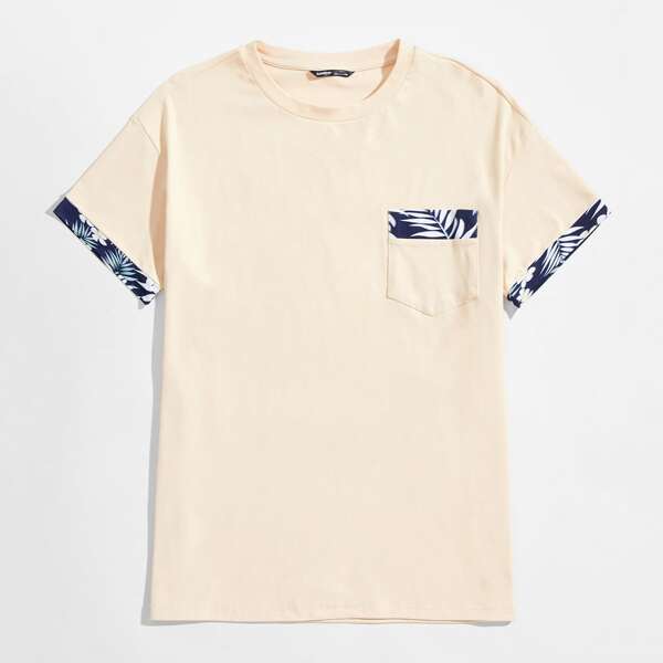 

Men Drop Shoulder Patch Pocket Tropical Print Tee, Beige