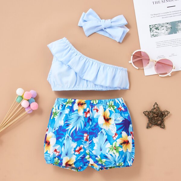 

Baby Girl One Shoulder Top & Floral Shorts & Headband, Blue