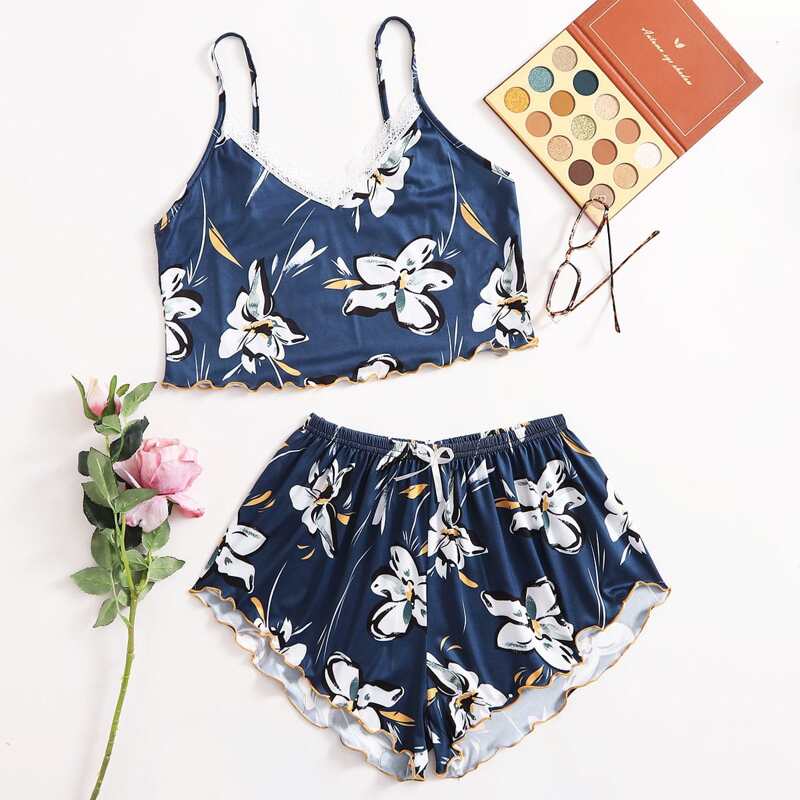 

Floral Lace Insert Lettuce Trim PJ Set, Navy blue