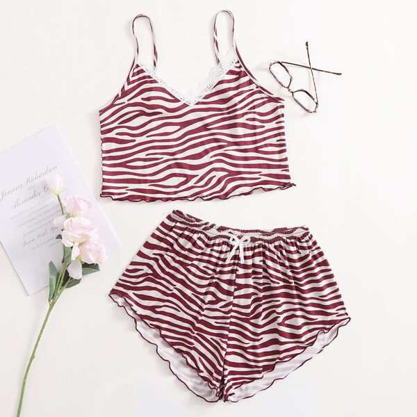 

Lace Insert Lettuce Trim PJ Set, Red and white